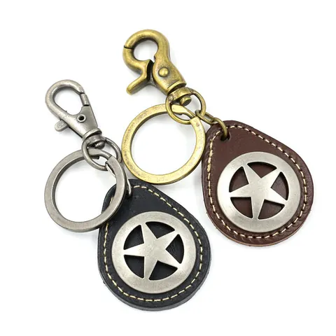 Vintage Handwoven Cowhide Leather Keychain Alloy Pentagram Star Pendant Retro Key Ring Holder Bag Charm Decorative Unisex Ornament Accessory
