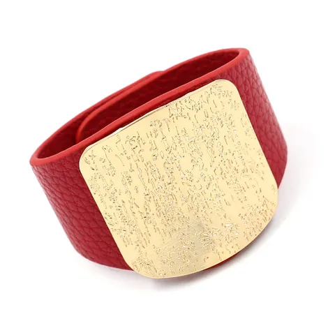Vintage Wide PU Leather Cuff Bracelet With Engraved Alloy Metal Plate For Women Bold Rock Punk Style Snap Button Wristband