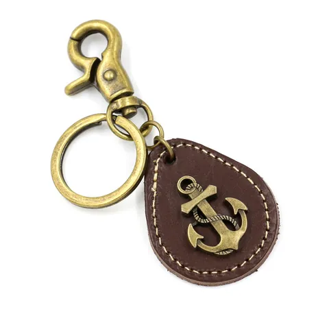 Vintage Cowhide Leather Anchor Keychain Retro Alloy Ship Anchor Key Ring Holder Nautical Theme Bag Pendant Decoration Gift