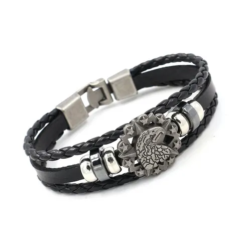 Men Vintage Leather Braided Bracelet With Alloy Eagle Head Pentagram Badge Retro Punk Multi Layer Wristband Jewelry