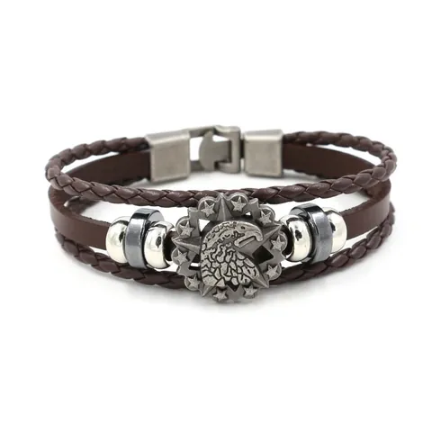 Men Vintage Leather Braided Bracelet With Alloy Eagle Head Pentagram Badge Retro Punk Multi Layer Wristband Jewelry