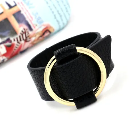 Fashion Wide PU Leather Cuff Bracelet With Large Gold Metal Ring Adjustable Wristband For Women Jewelry Gift
