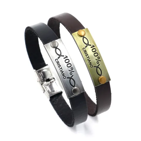 Retro Men Leather Bracelet With Stainless Steel Clasp Adjustable Letter Metal Plate Bracelet For Christian Faith Gift Jewelry