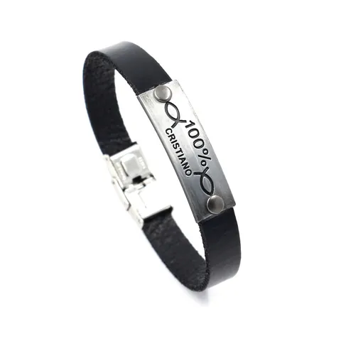 Retro Men Leather Bracelet With Stainless Steel Clasp Adjustable Letter Metal Plate Bracelet For Christian Faith Gift Jewelry