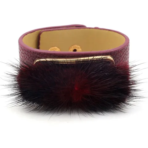 Fashion Wide PU Leather Bangle Bracelet For Women With Faux Mink Fur Decoration Alloy Bar Adjustable Snap Button Autumn Winter Jewelry