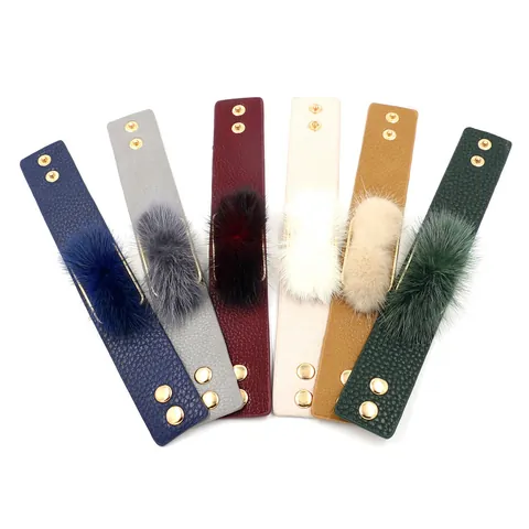 Fashion Wide PU Leather Bangle Bracelet For Women With Faux Mink Fur Decoration Alloy Bar Adjustable Snap Button Autumn Winter Jewelry