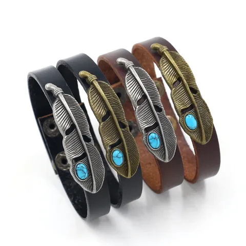 Retro Unisex Rundleren Armband Metalen Veer Vorm Met Turkoois Ingelegd Drukknop Verstelbare Etnische Sieraden Polsband