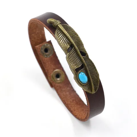 Retro Unisex Rundleren Armband Metalen Veer Vorm Met Turkoois Ingelegd Drukknop Verstelbare Etnische Sieraden Polsband