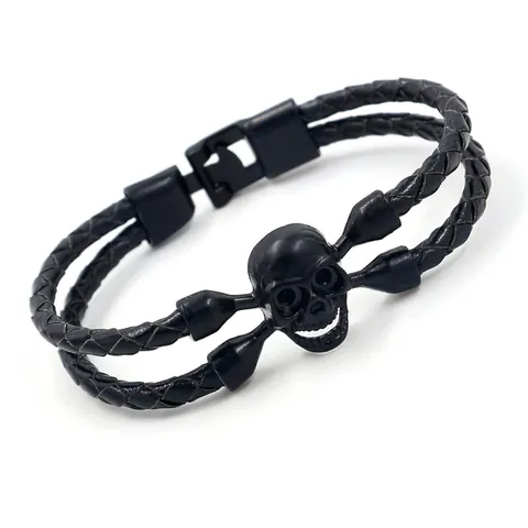 Punk Herren Rindsleder Geflochtenes Armband Schwarz Elektrophorese Totenkopf Gothic Lederarmband Retro Schmuck Geschenk Für Männer