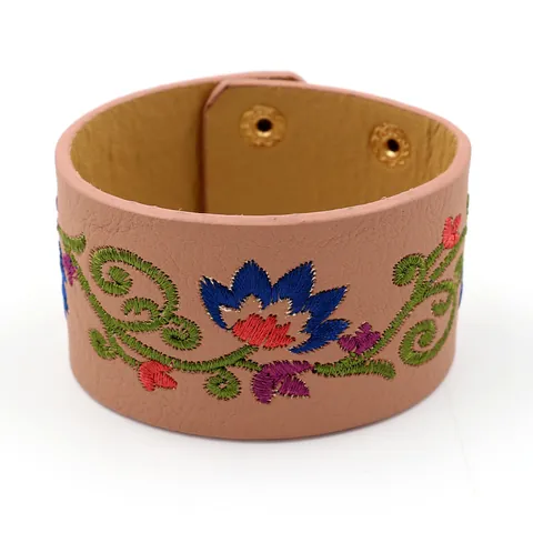 Bohemian Wide Embroidered PU Leather Bracelet For Women Floral Pattern Morning Glory Ethnic Style Snap Button Cuff