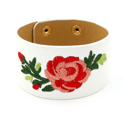 Vintage Wide PU Leather Embroidered Rose Bracelet For Women Ethnic Flower Pattern Snap Button Cuff Bangle Jewelry Gift
