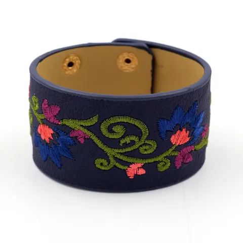 Bohemian Wide Embroidered PU Leather Bracelet For Women Floral Pattern Morning Glory Ethnic Style Snap Button Cuff