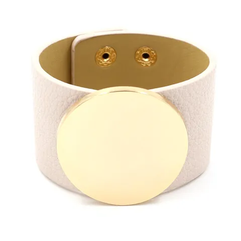 Fashion Wide PU Leather Cuff Bracelet For Women With Large Metal Round Disk Lychee Pattern Snap Button Punk Jewelry