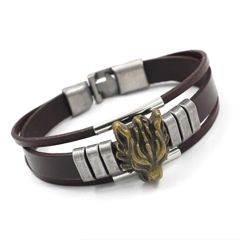 Vintage Punk Men Wolf Head Multi Layer Leather Bracelet Retro Silver Plated Alloy Charm Wristband Fashion Jewelry Gift For Men