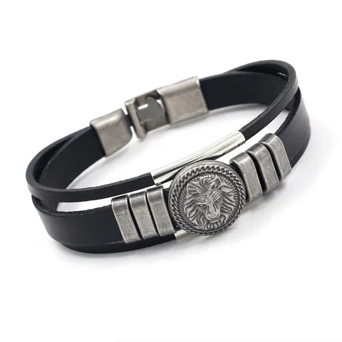Herren Vintage Punk Löwenkopf Echtes Rindsleder Armband Mehrschichtig Legierung Relief Anhänger Handgefertigter Retro Schmuck