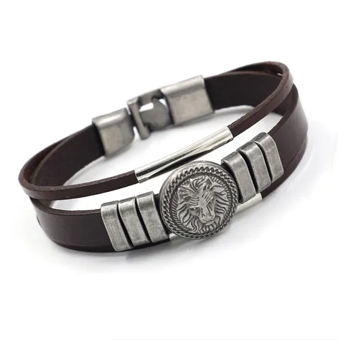 Herren Vintage Punk Löwenkopf Echtes Rindsleder Armband Mehrschichtig Legierung Relief Anhänger Handgefertigter Retro Schmuck
