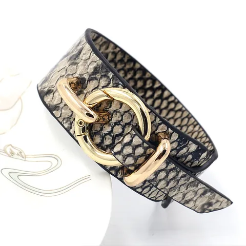 Women Fashion Wide Bracelet Synthetic Leather Snake Print Gold Alloy Ring Buckle Adjustable Bohemian Style Jewelry Accessory