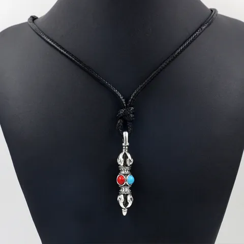 Collana con Ciondolo Vajra Etnica Vintage per Uomo Donna Corda Intrecciata Catena Lunga con Perline Turchesi Rosse Gioielli Religiosi