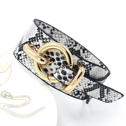 Women Fashion Wide Bracelet Synthetic Leather Snake Print Gold Alloy Ring Buckle Adjustable Bohemian Style Jewelry Accessory