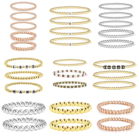 Handmade Stainless Steel Beaded Bracelet For Women Gold Silver Rose Gold Elastic LOVE MAMA Letter Beads Stackable Jewelry