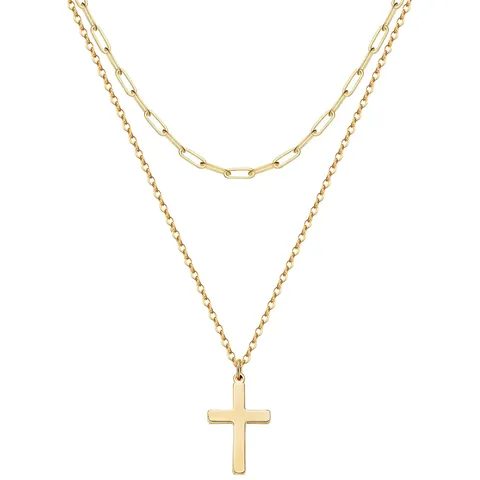 Minimalist Stainless Steel Double Layer Cross Necklace For Women Gold Silver Paperclip Chain Pendant Jewelry Set