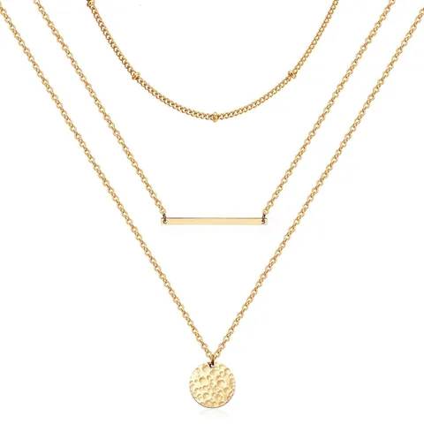 Collana Multistrato in Acciaio Inossidabile Placcato Oro 18K Donna Pendente a Disco Tondo Martellato Barra Gioielli Regalo