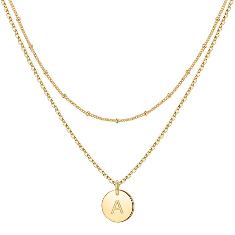 Stainless Steel Double Layer Initial Necklace Round Coin Letter Pendant Satellite Cable Chain For Women Fashion Jewelry