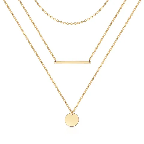 Layered Stainless Steel Chain Necklace Disc And Bar Pendants Gold Silver Tone Minimalist Fashion Jewelry For Women
