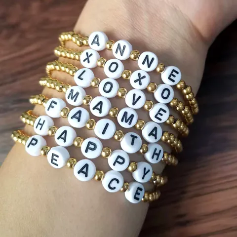 Handmade Stainless Steel Beaded Bracelet For Women Gold Silver Rose Gold Elastic LOVE MAMA Letter Beads Stackable Jewelry