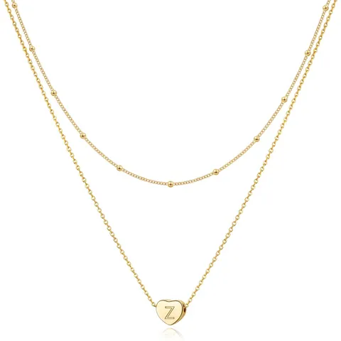 Stainless Steel Double Layer Heart Initial Necklace For Women Gold Satellite Bead Chain Alphabet Pendant Necklace Jewelry Gift