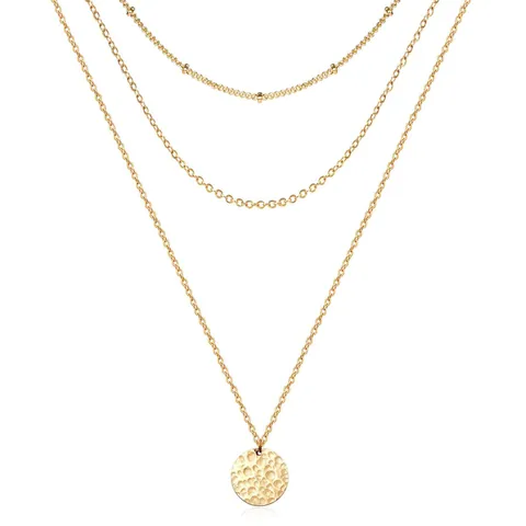 Minimalist Stainless Steel Layered Necklace For Women Gold Steel Tone Hammered Round Coin Pendant Multilayer Chain Jewelry Gift