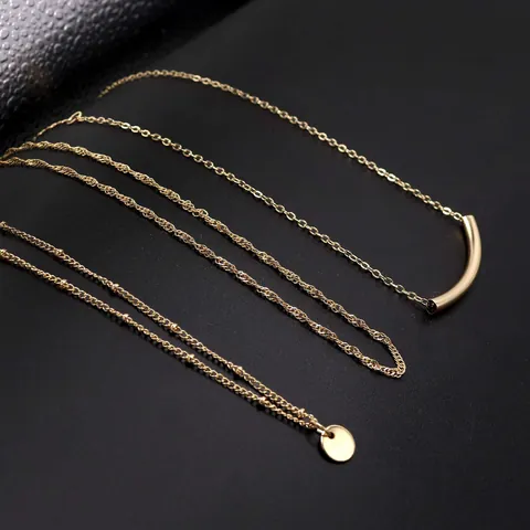 Stainless Steel Layered Necklace Set Gold Silver Plated Geometric Hollow Tube Disc Coin Pendant Adjustable Chain Jewelry Women