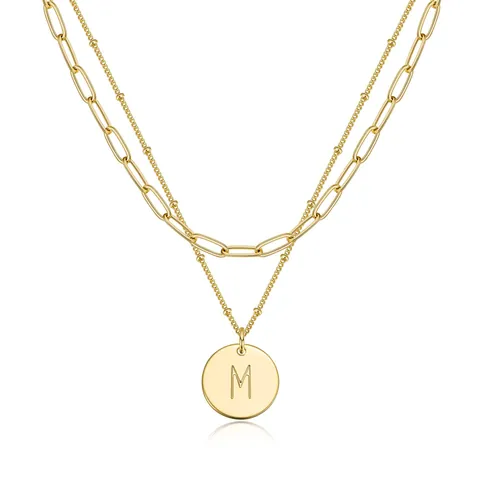 Stainless Steel 18K Gold Plated Double Layer Necklace Paperclip Satellite Chain Initial Letter Coin Pendant Necklace For Women Jewelry