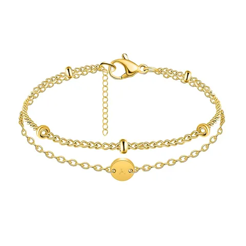 Double Layer Stainless Steel 18K Gold Plated Bead Link Chain Initial Letter Bracelet For Women Fashion Jewelry