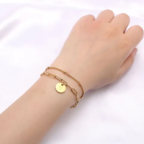 Roestvrij Staal Dubbellaags Armband 18K Verguld Alfabet Letter Ronde Hanger Paperclip Ketting Kralen Armband Vrouwen