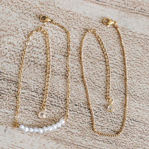 Double Layer Stainless Steel Bracelet For Women 18K Gold Plated Irregular Imitation Artificial Baroque Pearl Beaded Chain Jewelry