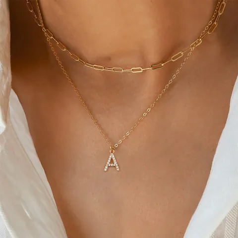 Stainless Steel Layered Paperclip Chain Initial Necklace For Women Gold Silver Plated Zirconia A-Z Letter Pendant Minimalist Jewelry