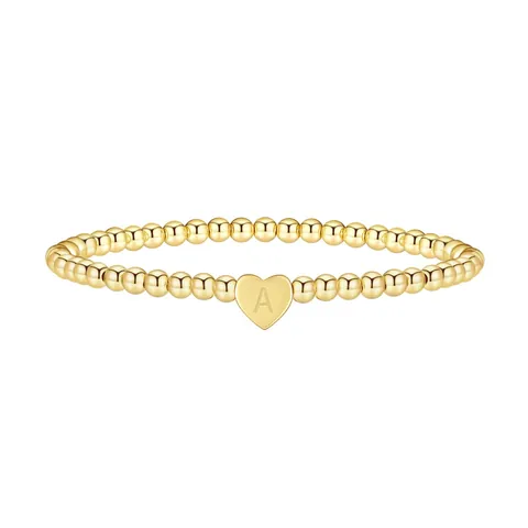 Stainless Steel Bead Elastic Bracelet With Heart Initial Letter Pendant Gold Silver Plated Stretch Bracelet For Women Men