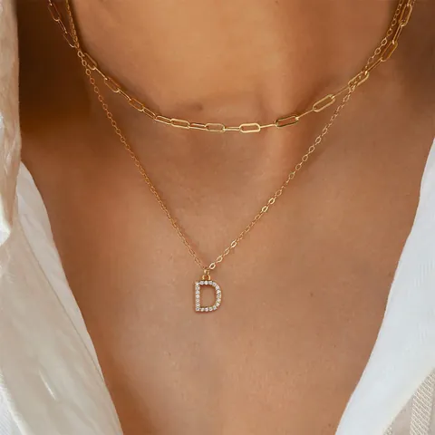 Stainless Steel Layered Paperclip Chain Initial Necklace For Women Gold Silver Plated Zirconia A-Z Letter Pendant Minimalist Jewelry