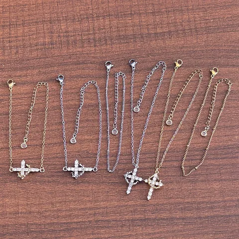 Fashion Stainless Steel Zirconia Cross Pendant Bracelet For Women Double Layer Gold Silver Plated Religious Jewelry Gift