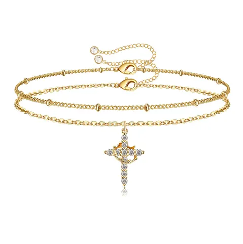 Fashion Stainless Steel Zirconia Cross Pendant Bracelet For Women Double Layer Gold Silver Plated Religious Jewelry Gift
