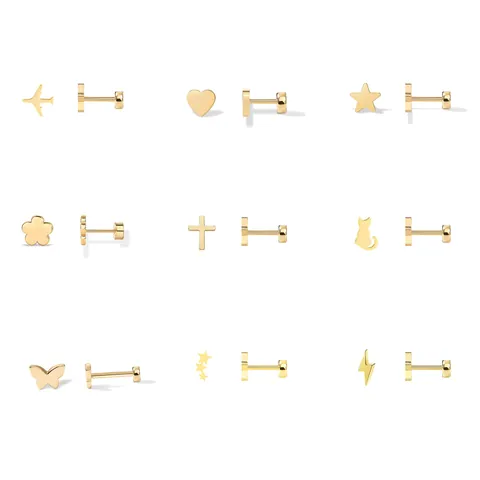 18K Vergoldete Edelstahl Ohrstecker Mit Flacher Rückseite Für Damen Minimalistisch Herz Stern Blume Flugzeug Katze Schmuck