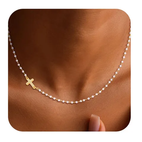 Stainless Steel Imitation Pearl Beaded Cross Pendant Necklace For Women Elegant 18K Gold Silver Plated Minimalist Jewelry