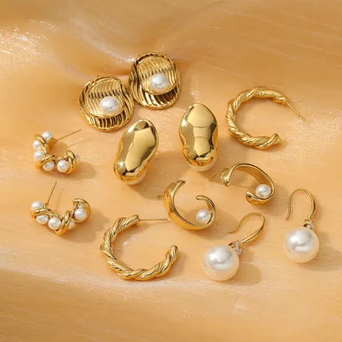 Fashion Stainless Steel Artificial Pearl Hoop Earrings For Women Gold Silver Plated C-Shaped Twist Stud Jewelry Accessory Gift