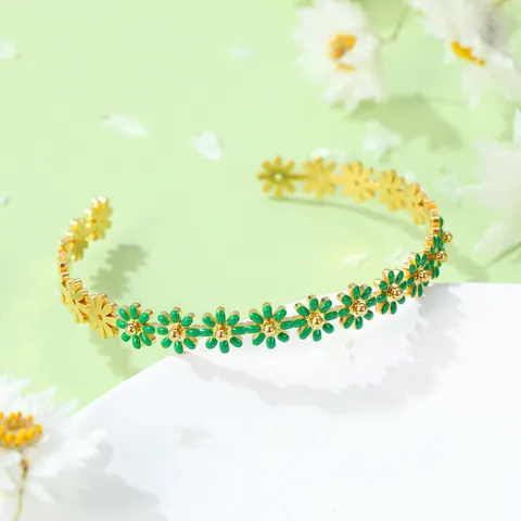 Boucles d'Oreilles Créoles et Clous en Acier Inoxydable Émail Marguerite Bracelet Ouvert pour Femmes Bijoux Floraux d'Été