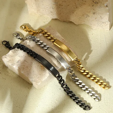 Men Fashion Stainless Steel 18K Gold Plated Curb Chain ID Bracelet For Engraving Minimalist Geometric Plate Jewelry Gift