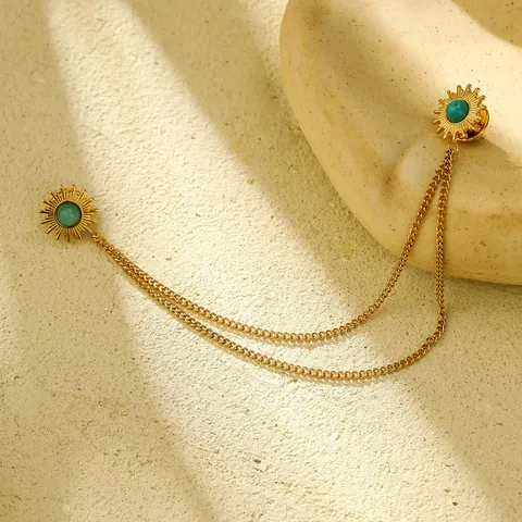 Spilla da Colletto a Doppia Catena in Acciaio Inossidabile con Girasole e Pietra Naturale Verde Gioielli Vintage Placcati Oro Donna