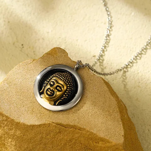 Vintage Stainless Steel Buddha Head Pendant Necklace For Women Retro Religious Two Tone Round Medallion Jewelry Necklaces