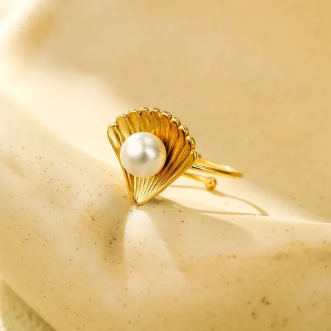 Anello Aperto con Conchiglia Marina e Perla Artificial per Donna Acciaio Inossidabile Placcato Oro Regolabile Anello per Dita con Perla Artificial Mare Gioielli Regalo