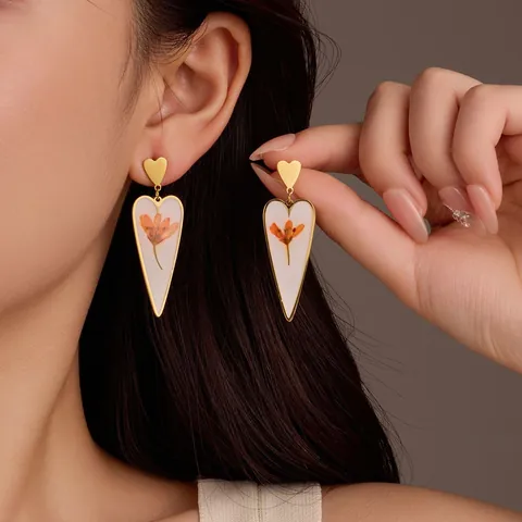 Vintage Stainless Steel Dried Flower Earrings For Women Heart Waterdrop Geometric Resin Drip Glue Ear Studs Jewelry